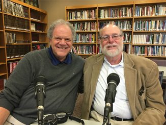 Rabbi Address, right, chats with Rabbi Sam Joseph after recording the podcast at Temple Emanuel, Cherry Hill, NJ, on March 25.
