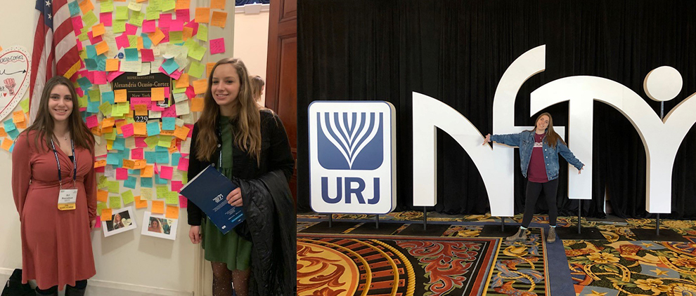 Sandy Taradash's granddaughters Ari, left, and Shayna, visiting the congressional office of Rep. Alexandria Ocasio-Cortez, and Ari attending the NFTY youth convention in Dallas, TX
