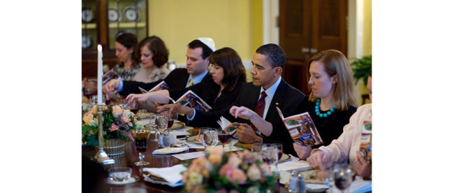 President Barack Obama and the First Family mark the beginning of Passover with a Seder with friends and staff in the Old Family Dining Room of the White House, March 29, 2010. (Official White House Photo by Pete Souza)